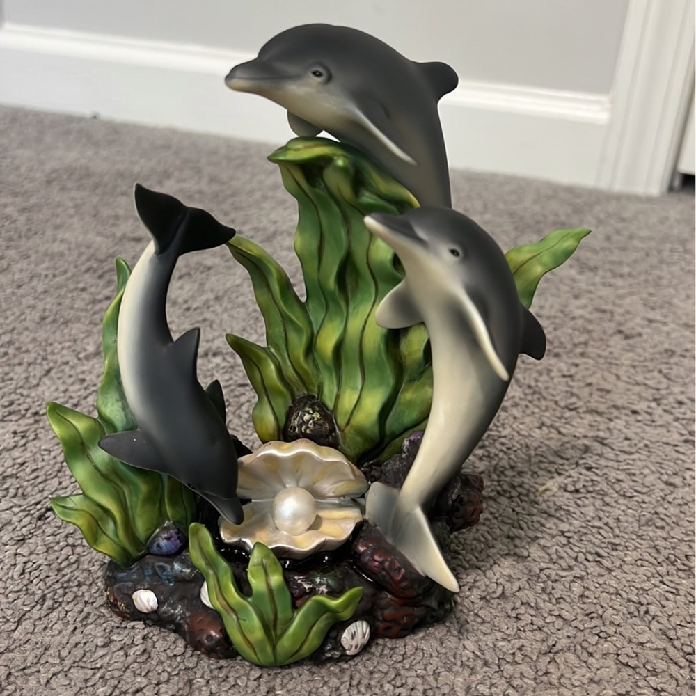 Three Dolphins with Clam and Pearl Porcelain Figurine 6.75" Tall
